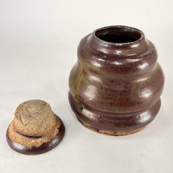 Bee Hive Handcrafted Stoneware Pottery Brown Glazed Honey Jar Pot Lid Folk Art - Picture 14 of 15